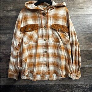 Maurices Brown and Cream Plaid Flannel Button Down Hooded Shirt